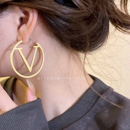 korean V Letter Hoop Earrings for Women Earrings Stainless Steel antii Tarnish