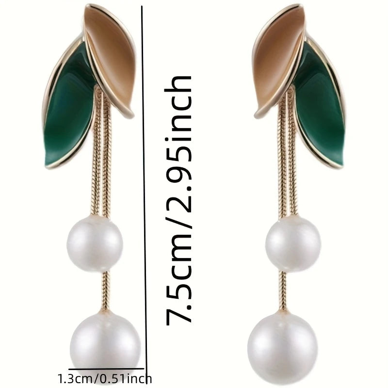 Korean Elegant Tassel Earrings with Pearl and Green Leaf Accents3