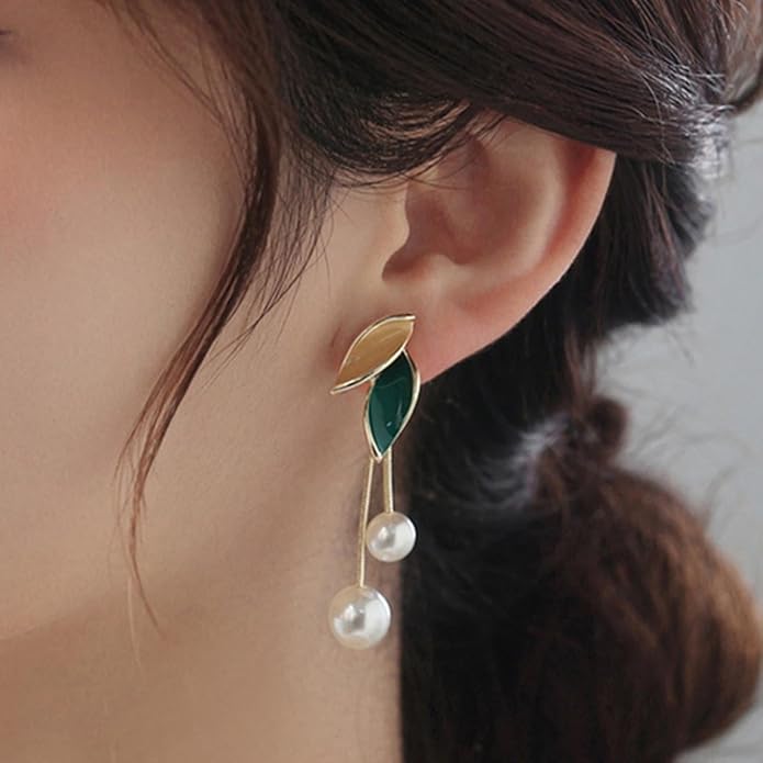Korean Beautiful Leaf Pearl Drop Earring