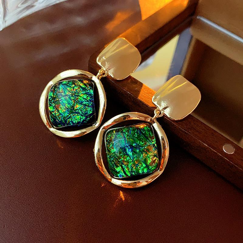 Korean Luxury Big Geometric Earrings for Women Gold Color Resin Stone Earring