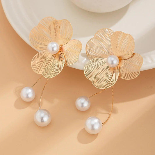 Korean Beautiful Flower Design Drop Gold Earring - Shine