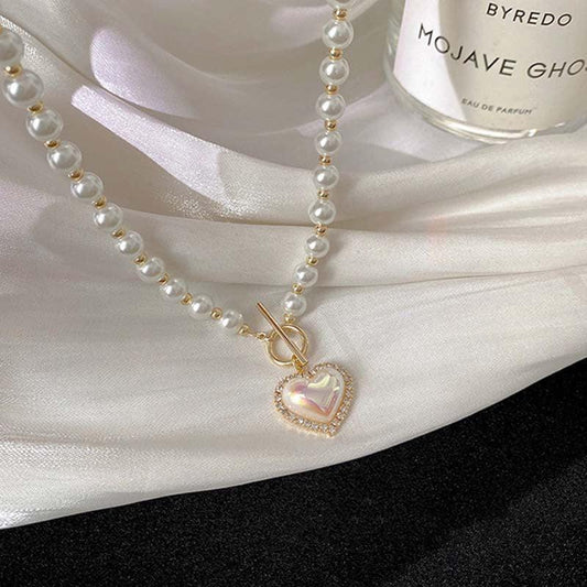 Korean Luxury Beautiful Style Gold Pearl Zirconia Stone Heart Pendant Necklace - Shineshe