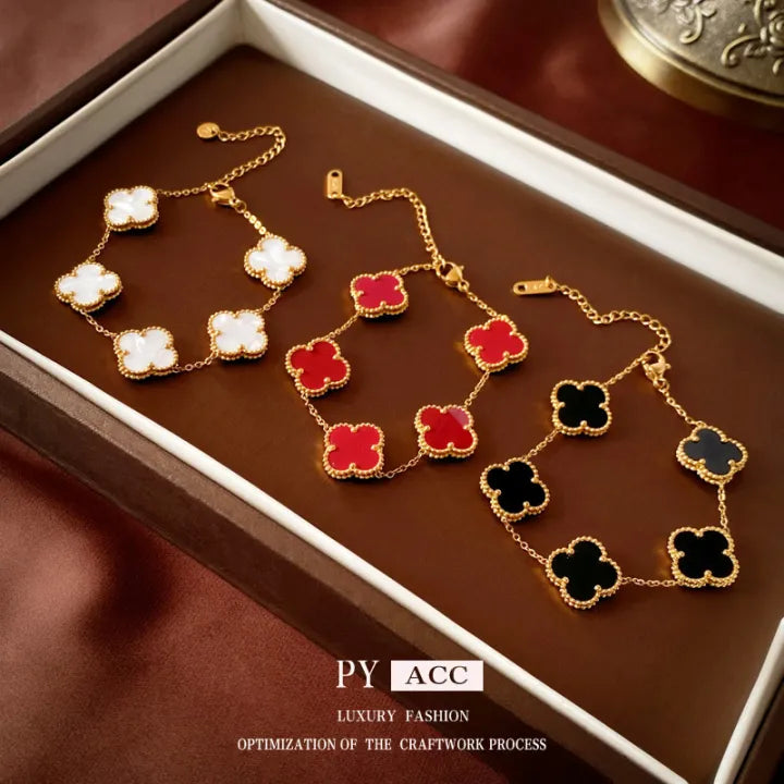Luxurious Five-Red leaf Clover Bracelet Charm, Delicate Flower Bracelet