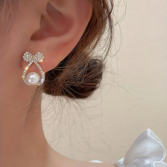 Korean beautiful pearl bowknot drop Earring