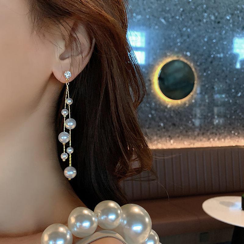 Korean Jewelry Elegant Simulated Pearls Long Dangle Earring3