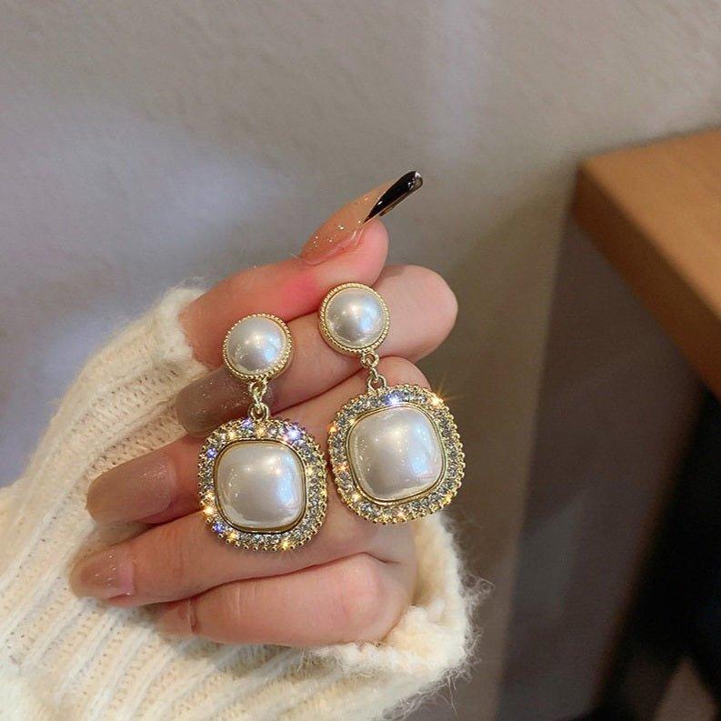 Pearl Drop Earrings | Shell Pearl Earrings with Sterling Silver Pins with small Diamond - Shine