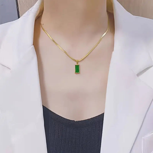 Luxurious Stainless Steel Square Green Artificial Crystal Zircon Necklace For Women