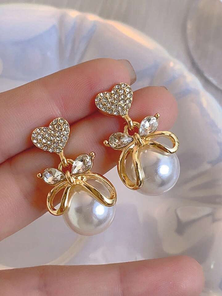Korean Rhinestone Heart & Faux Pearl Decor Drop Earrings Gold3