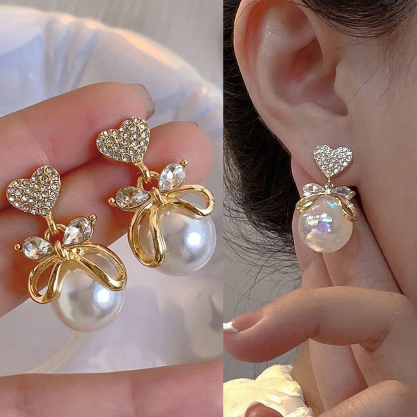Korean Rhinestone Heart & Faux Pearl Decor Drop Earrings Gold3