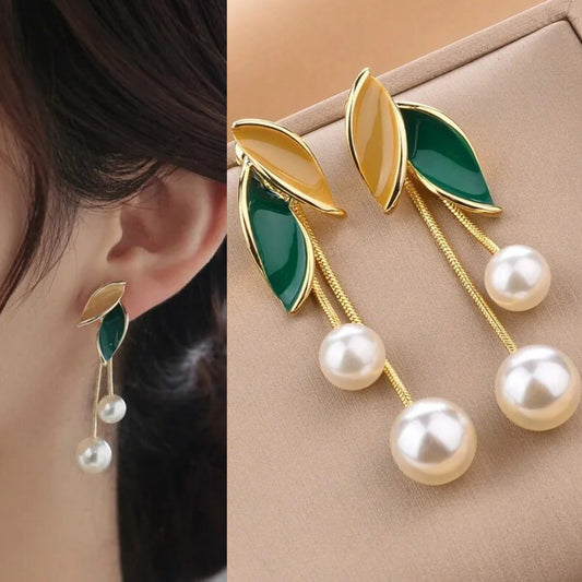 Korean Beautiful Leaf Pearl Drop Earring