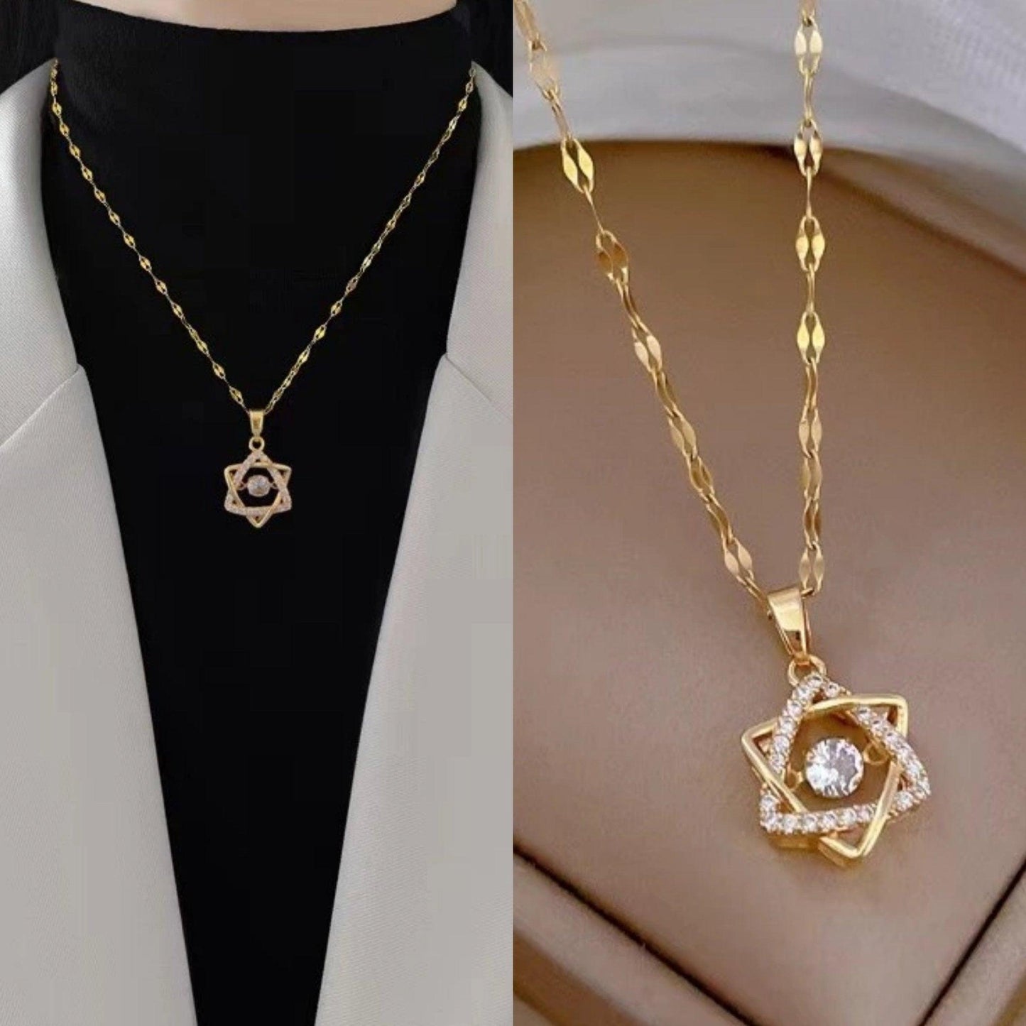 Korean Luxury Beautiful Star Gold Pearl Zirconia Stone Heart Pendant Necklace - Shineshe