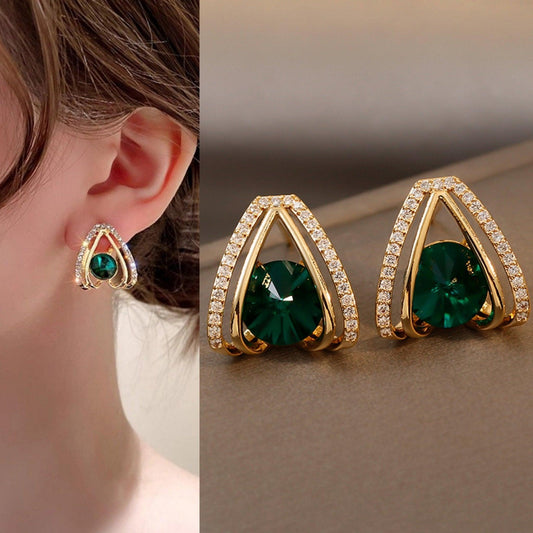 Korean Luxurious Green Stone Drop Gold Earring - Shine