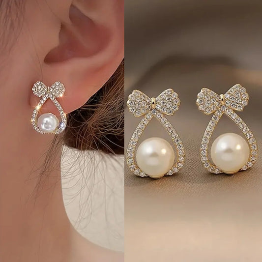 Korean beautiful pearl bowknot drop Earring