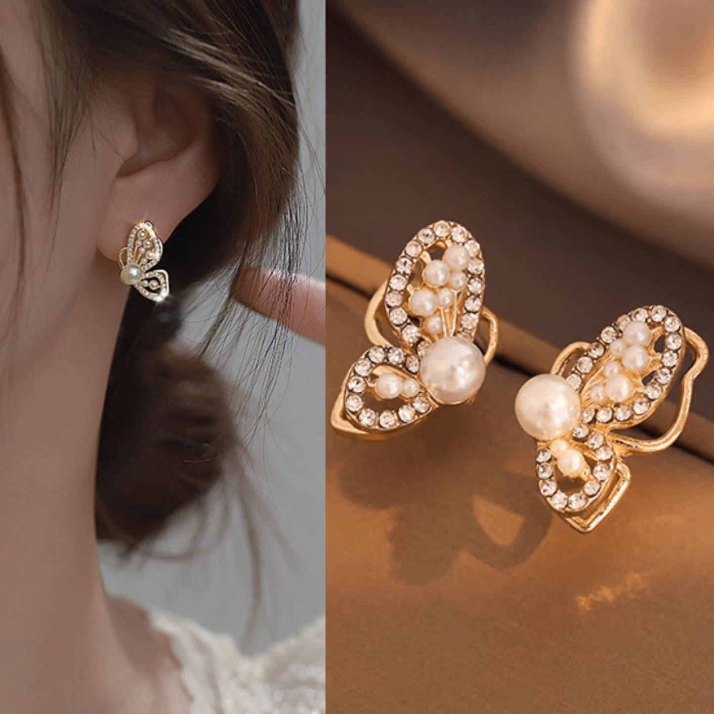 Korean Chic CZ Inlaid Butterfly Pearl Earring