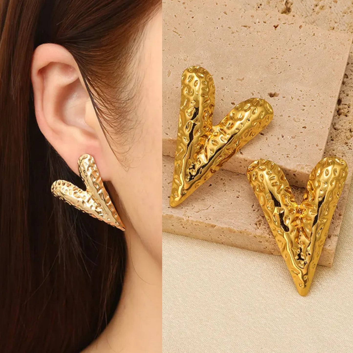 Luxurious  tarnish gold heart stud earring