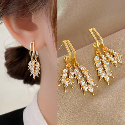 Korean High Quality 18K Gold Plated Cubic Zircon Grain Leaf Drop Earring for Women Girls