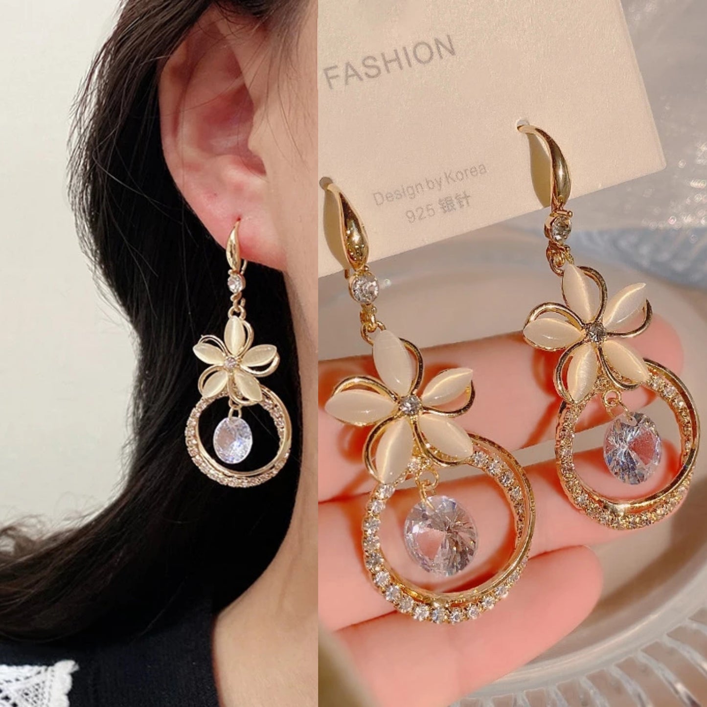 Korean Crystal Zircon Flower Long Gold Color Earring for Women