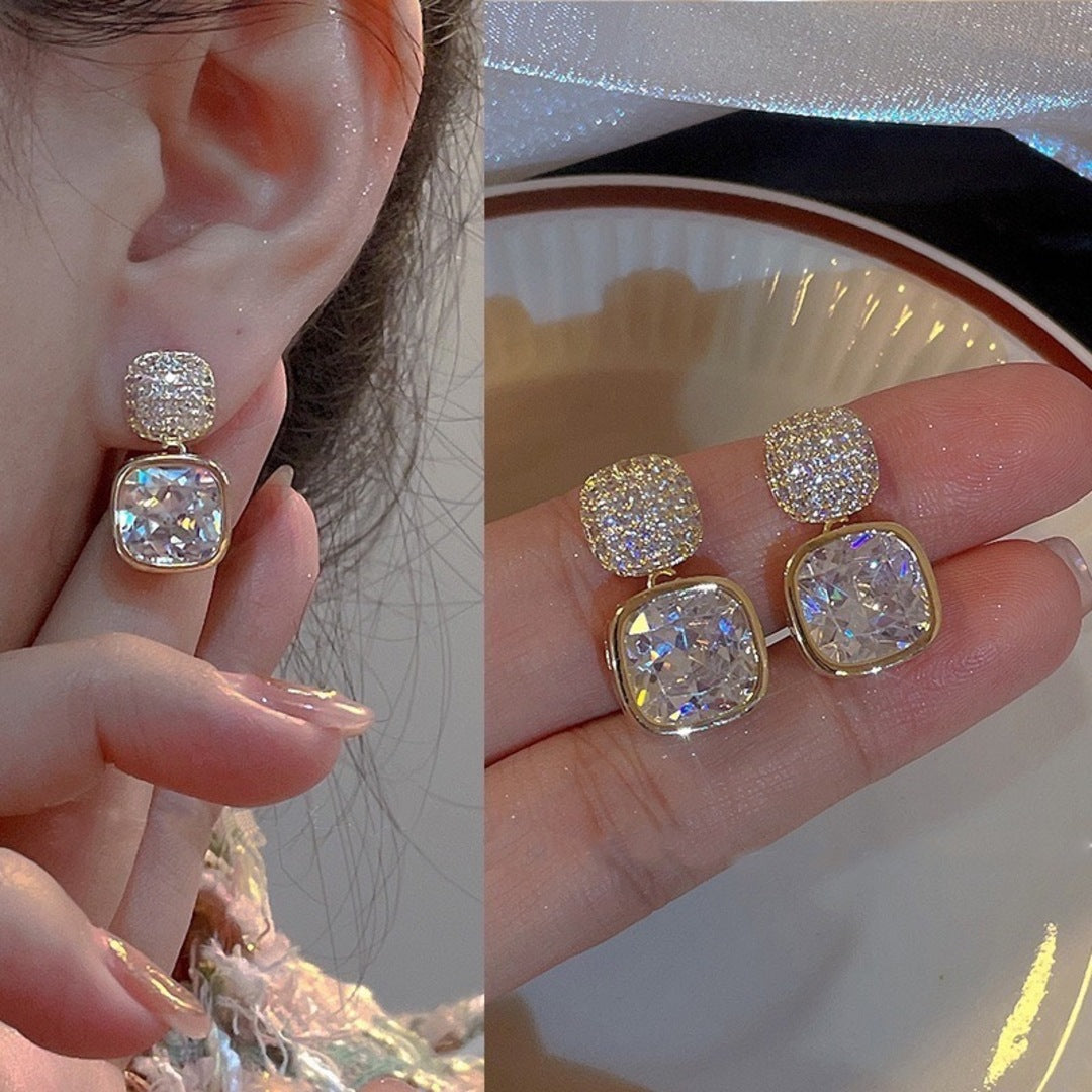 Korean Luxury Classic Geometric White Crystal Zircon Square Earrings Gold