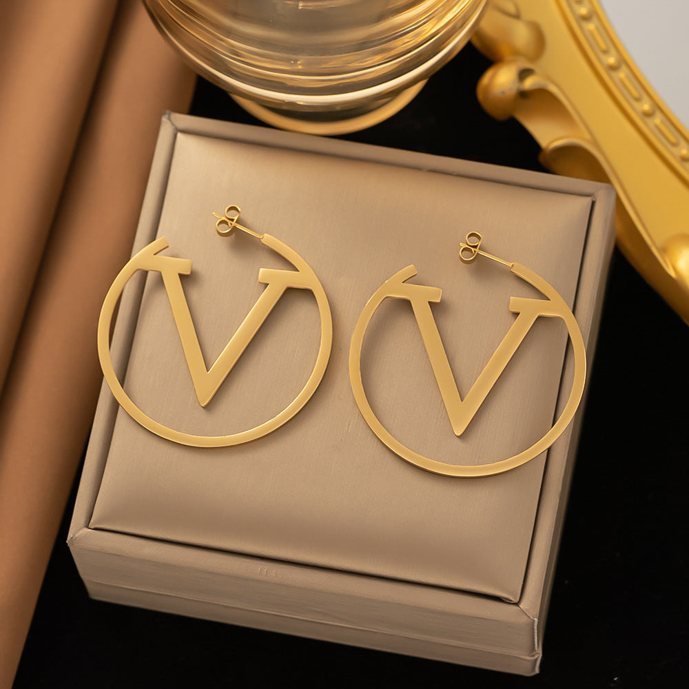 korean V Letter Hoop Earrings for Women Earrings Stainless Steel antii Tarnish