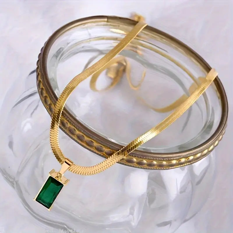 Luxurious Stainless Steel Square Green Artificial Crystal Zircon Necklace For Women