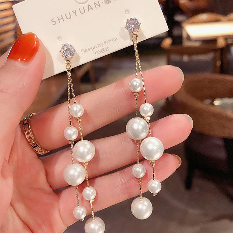 Korean Jewelry Elegant Simulated Pearls Long Dangle Earring3