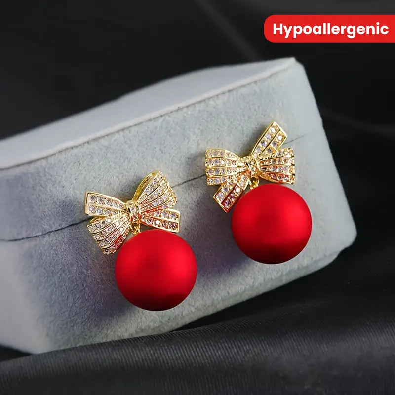 Korean Red Pearl Bowknot Beautiful Drop Earring