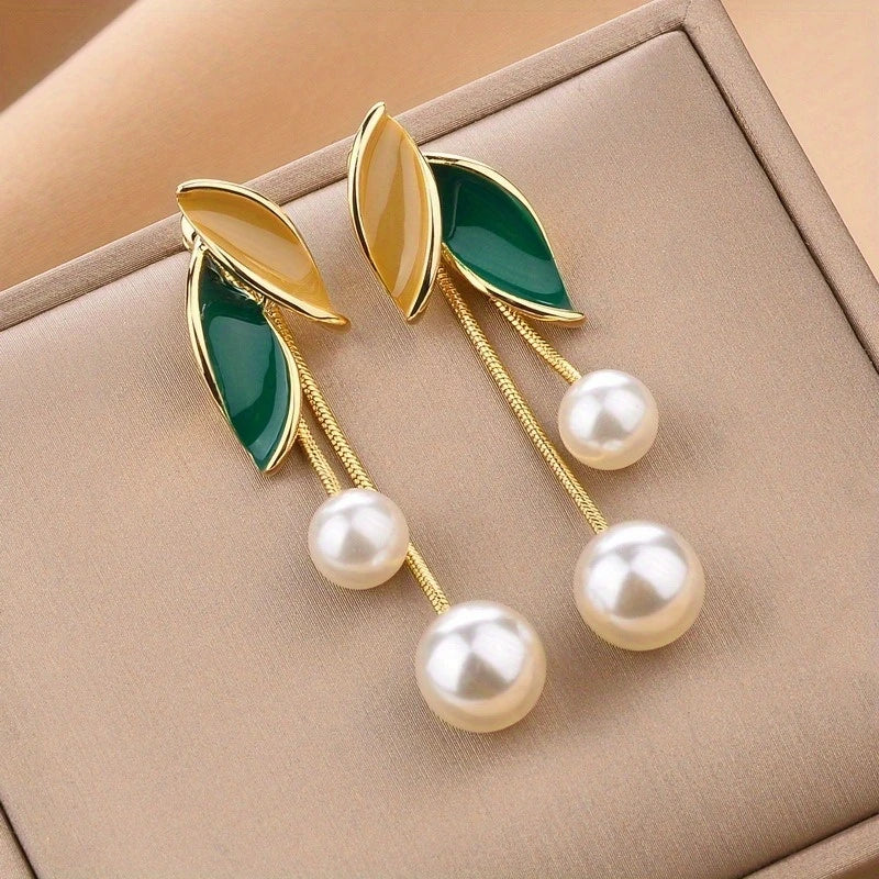 Korean Elegant Tassel Earrings with Pearl and Green Leaf Accents3
