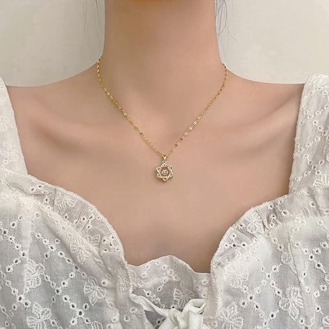 Korean Luxury Beautiful Star Gold Pearl Zirconia Stone Heart Pendant Necklace - Shineshe