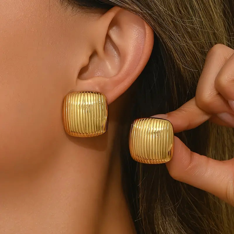 Stainless Steel Anti Tarnish Square Gold Earrings with Striped Design for Women