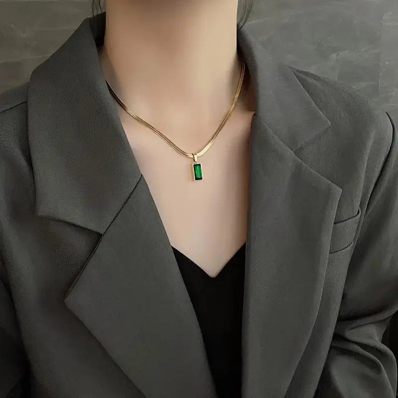 Luxurious Stainless Steel Square Green Artificial Crystal Zircon Necklace For Women