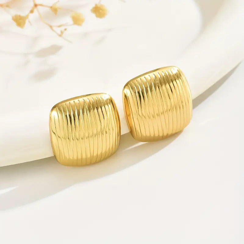 Stainless Steel Anti Tarnish Square Gold Earrings with Striped Design for Women