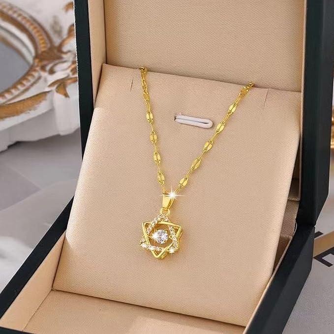 Korean Luxury Beautiful Star Gold Pearl Zirconia Stone Heart Pendant Necklace - Shineshe