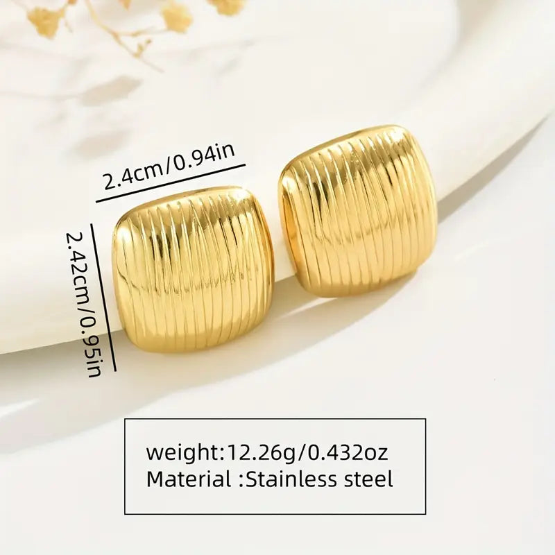 Stainless Steel Anti Tarnish Square Gold Earrings with Striped Design for Women