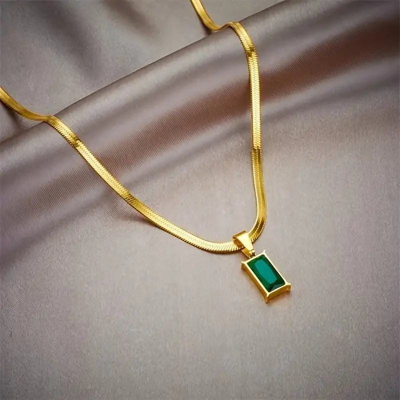 Luxurious Stainless Steel Square Green Artificial Crystal Zircon Necklace For Women