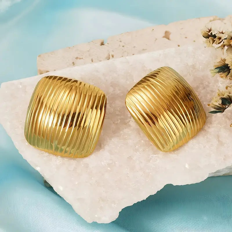 Stainless Steel Anti Tarnish Square Gold Earrings with Striped Design for Women