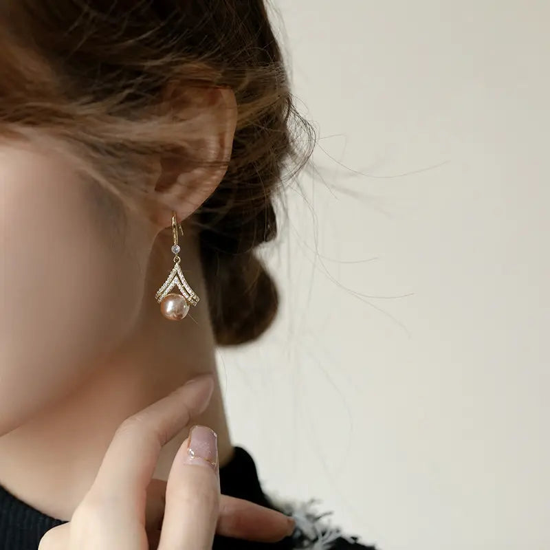 Korean Champagne Pearl Earrings, High-Grade Rhinestone drop Earring