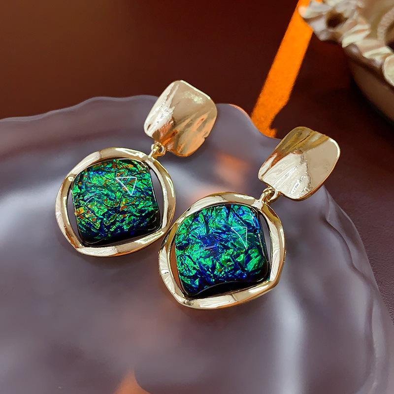 Korean Luxury Big Geometric Earrings for Women Gold Color Resin Stone Earring