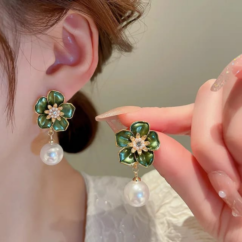 korean Luxurious Premium green flower drop earring3