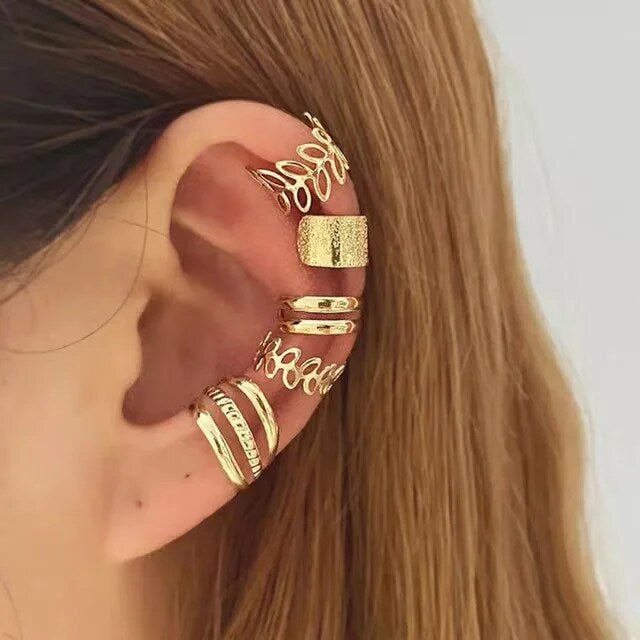 Korean 5 Piece No Hole Cuff Earrings Set Gold3