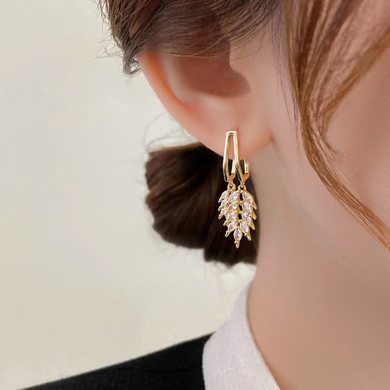 Korean High Quality 18K Gold Plated Cubic Zircon Grain Leaf Drop Earring for Women Girls