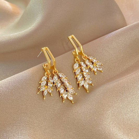 Korean High Quality 18K Gold Plated Cubic Zircon Grain Leaf Drop Earring for Women Girls
