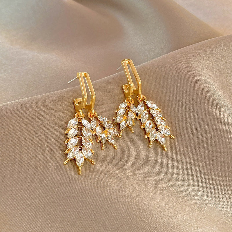 Korean High Quality 18K Gold Plated Cubic Zircon Grain Leaf Drop Earring for Women Girls