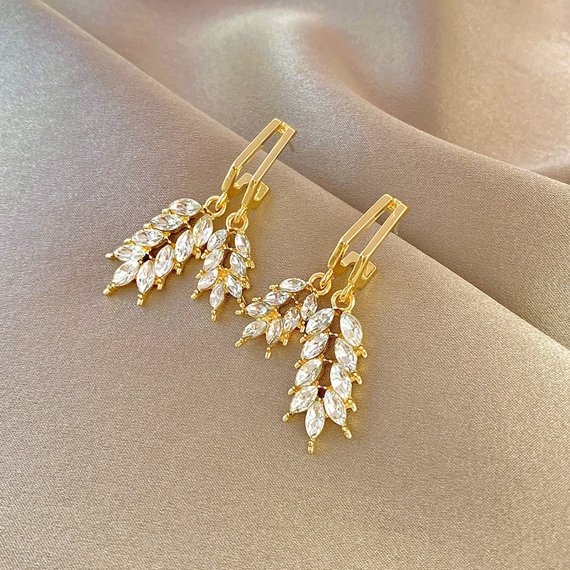 Korean High Quality 18K Gold Plated Cubic Zircon Grain Leaf Drop Earring for Women Girls