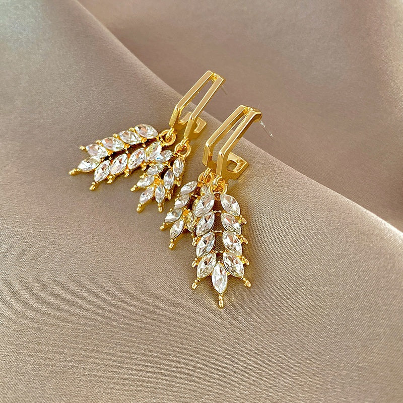 Korean High Quality 18K Gold Plated Cubic Zircon Grain Leaf Drop Earring for Women Girls