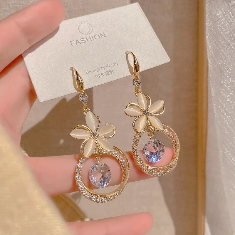 Korean Crystal Zircon Flower Long Gold Color Earring for Women