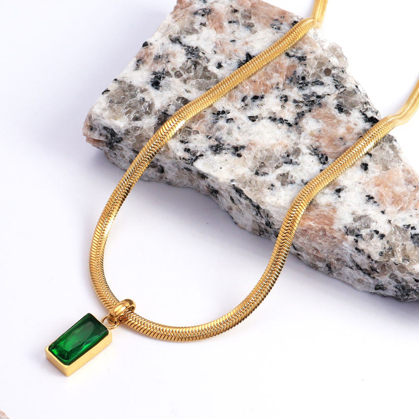 Luxurious Stainless Steel Square Green Artificial Crystal Zircon Necklace For Women