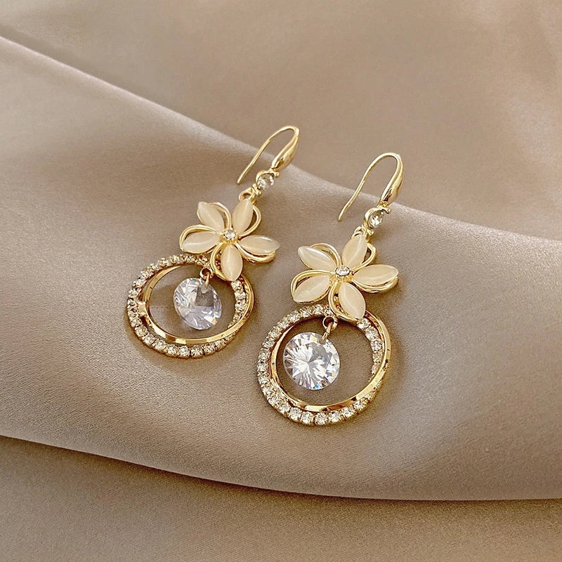 Korean Crystal Zircon Flower Long Gold Color Earring for Women