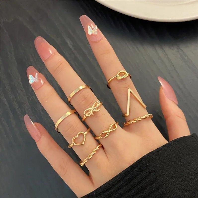 Beautifull Cross Knot Heart Infinity Ring Set of 9 - Shineshe