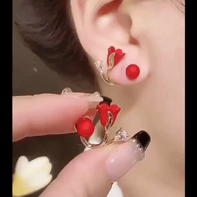 Red Flower Faux Pearl Earrings New Year Earrings For Women Party Favors