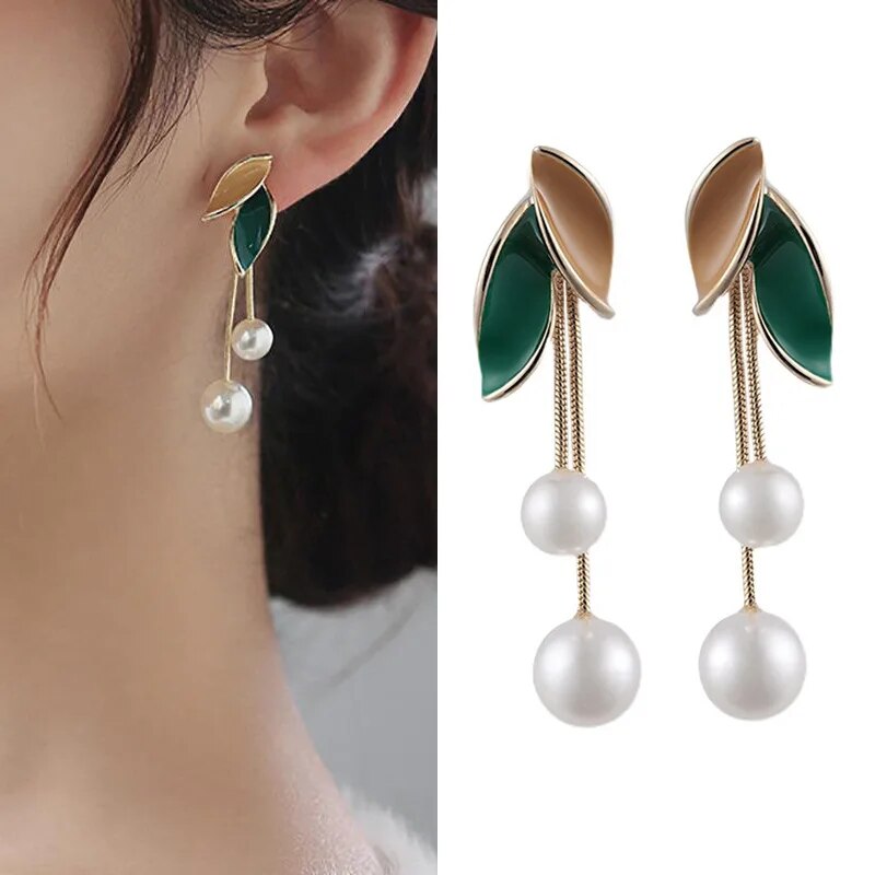 Korean Beautiful Leaf Pearl Drop Earring